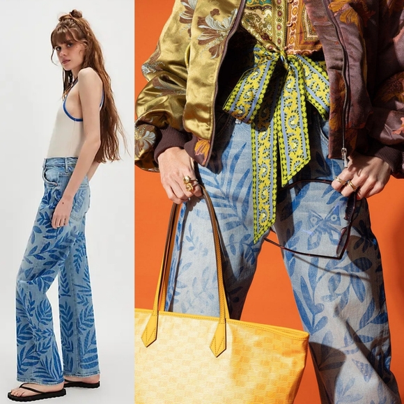 NWT Mother Denim The Lasso Sneak Jeans Pressed Leaves 29 Blue Painted Denim Jean - Picture 5 of 16